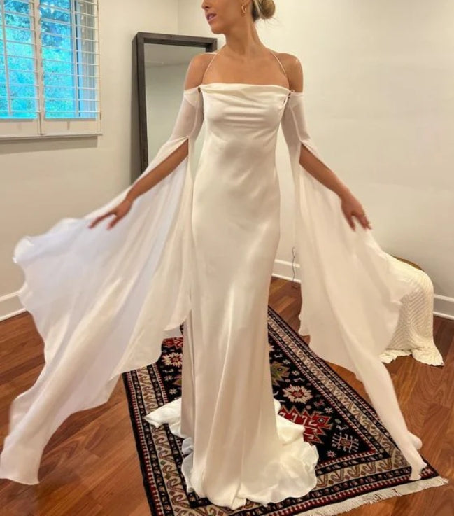 Luolandi Elegant Halter Off Shoulder Sheath Satin Unique Long Party Dress Evening Dress Wedding Dress